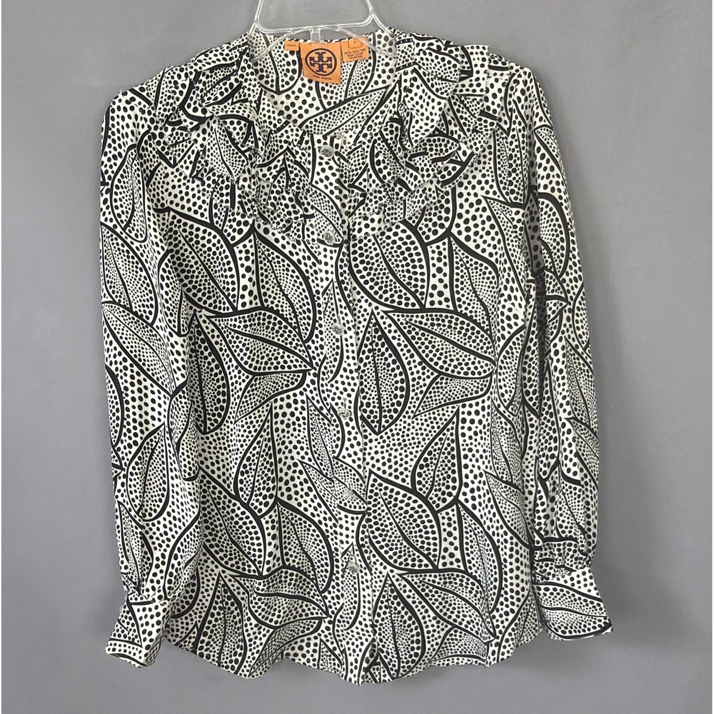Tory Burch Blouse Womens 6 Silk Top Ruffle Long Sleeve‎ Black White Dot Print